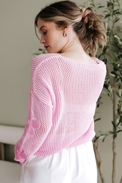 Relaxed Open Knit Floral Drop Shoulder Pullover Sweater