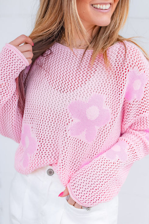 Relaxed Open Knit Floral Drop Shoulder Pullover Sweater