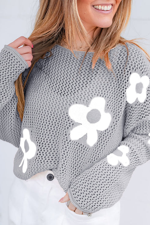 Relaxed Open Knit Floral Drop Shoulder Pullover Sweater