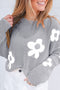 Relaxed Open Knit Floral Drop Shoulder Pullover Sweater