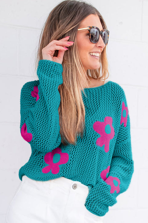Relaxed Open Knit Floral Drop Shoulder Pullover Sweater