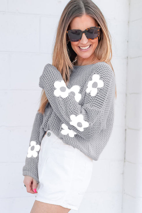 Relaxed Open Knit Floral Drop Shoulder Pullover Sweater