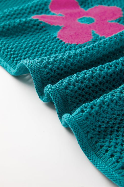 Relaxed Open Knit Floral Drop Shoulder Pullover Sweater