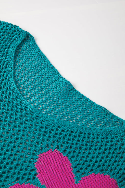 Relaxed Open Knit Floral Drop Shoulder Pullover Sweater
