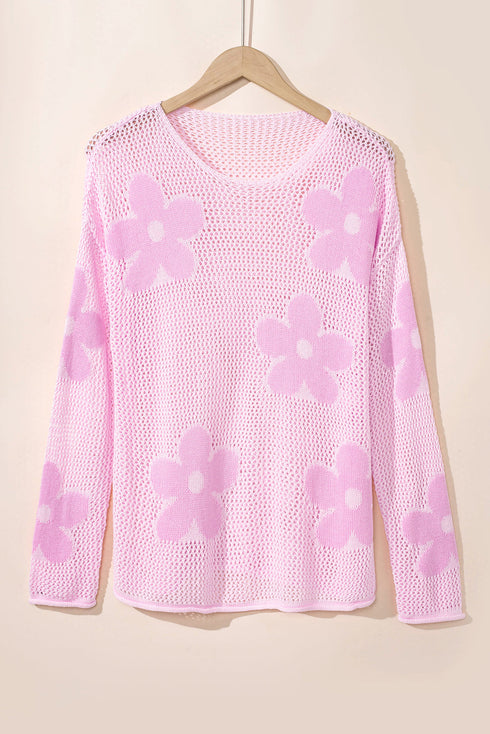 Relaxed Open Knit Floral Drop Shoulder Pullover Sweater