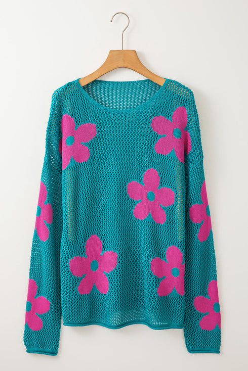 Relaxed Open Knit Floral Drop Shoulder Pullover Sweater