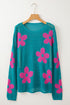Relaxed Open Knit Floral Drop Shoulder Pullover Sweater