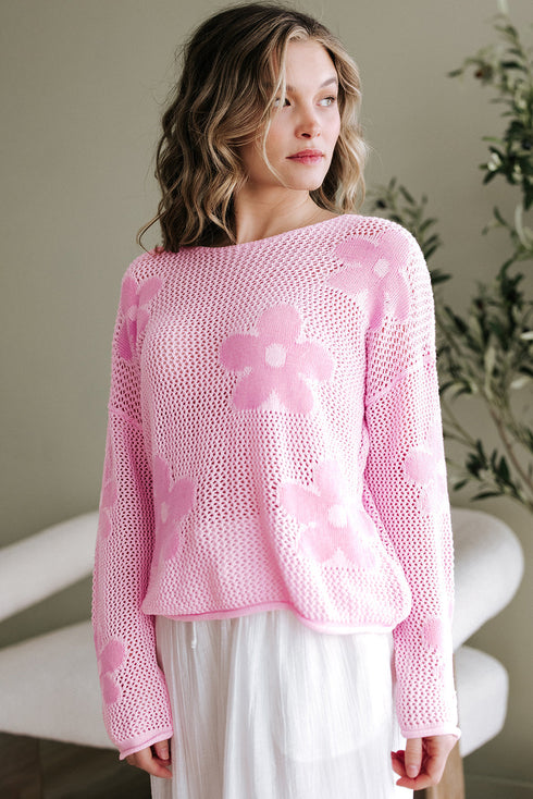Relaxed Open Knit Floral Drop Shoulder Pullover Sweater