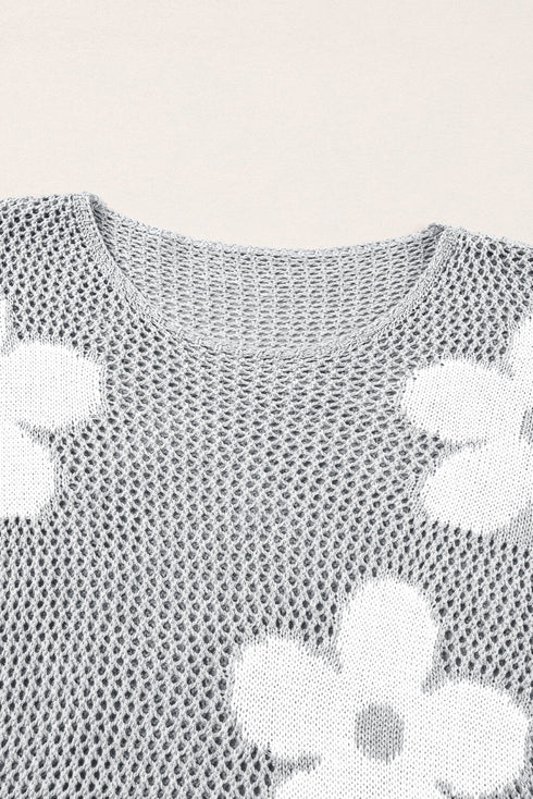 Relaxed Open Knit Floral Drop Shoulder Pullover Sweater