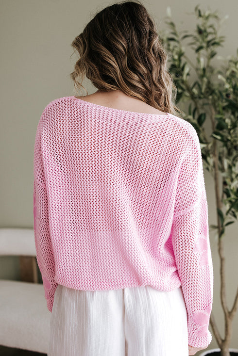 Relaxed Open Knit Floral Drop Shoulder Pullover Sweater