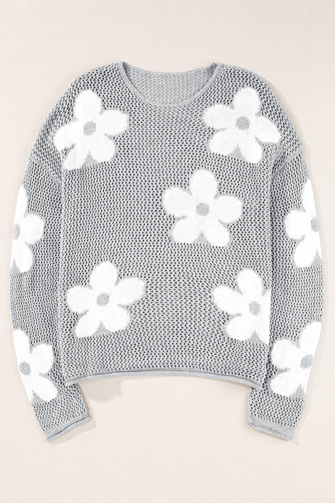 Relaxed Open Knit Floral Drop Shoulder Pullover Sweater