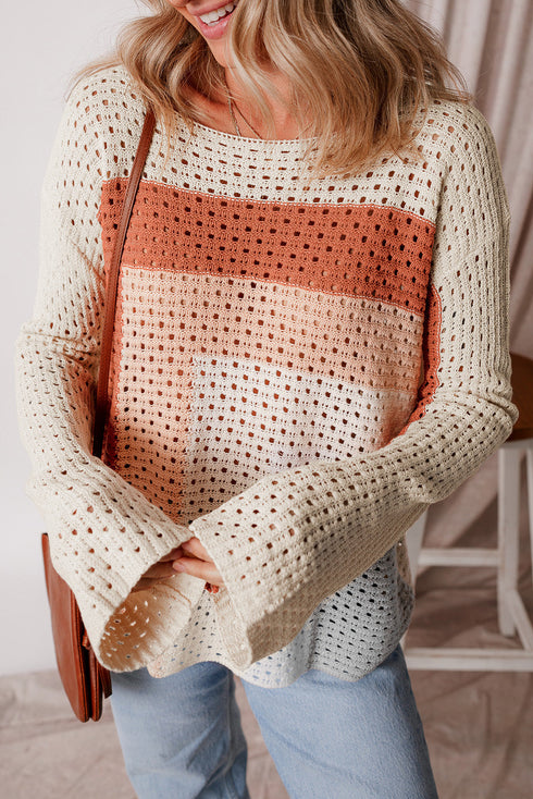 Relaxed Open Knit Geometric Block Pullover Sweater