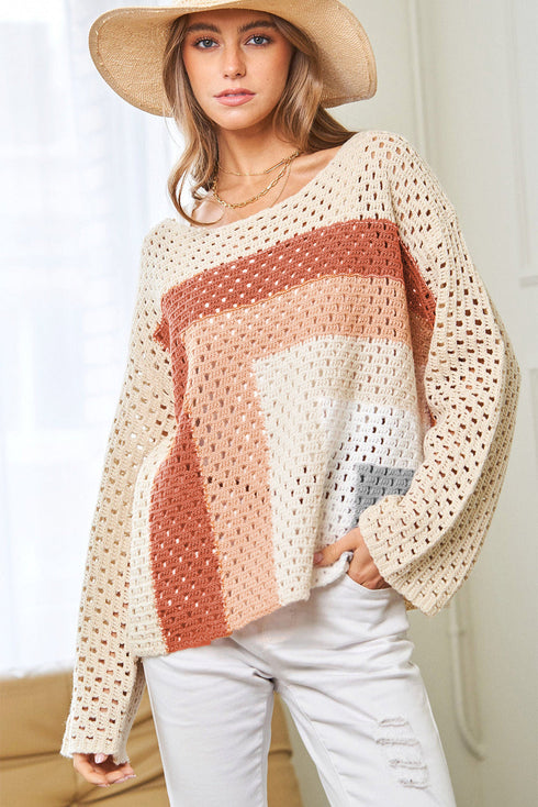 Relaxed Open Knit Geometric Block Pullover Sweater