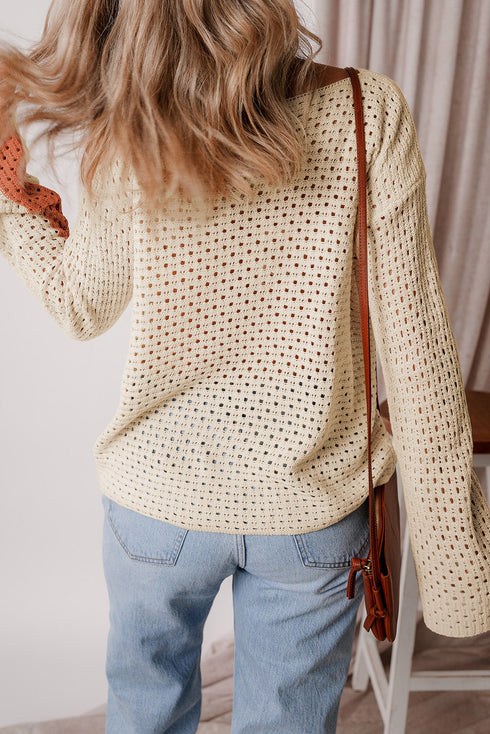 Relaxed Open Knit Geometric Block Pullover Sweater
