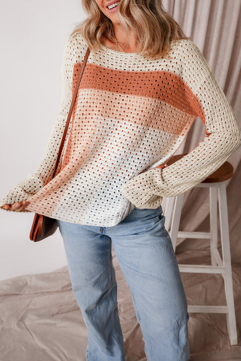 Relaxed Open Knit Geometric Block Pullover Sweater