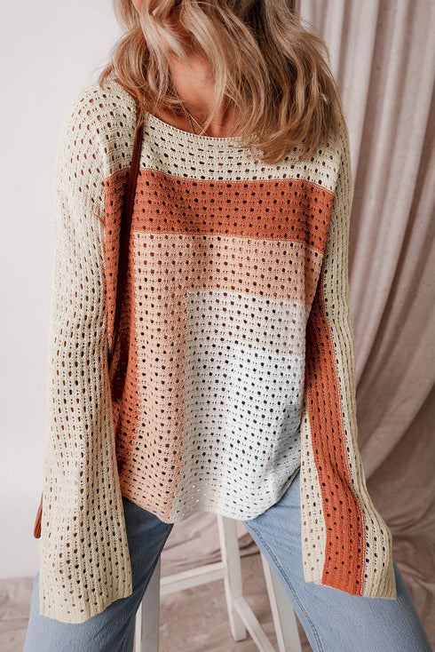 Relaxed Open Knit Geometric Block Pullover Sweater