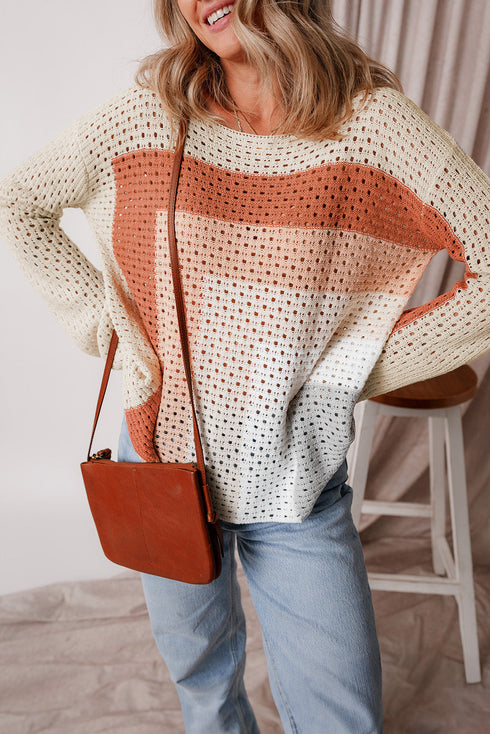 Relaxed Open Knit Geometric Block Pullover Sweater
