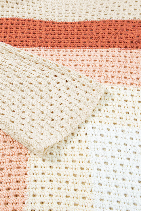 Relaxed Open Knit Geometric Block Pullover Sweater