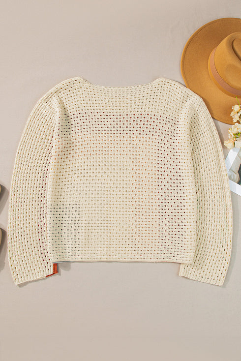 Relaxed Open Knit Geometric Block Pullover Sweater