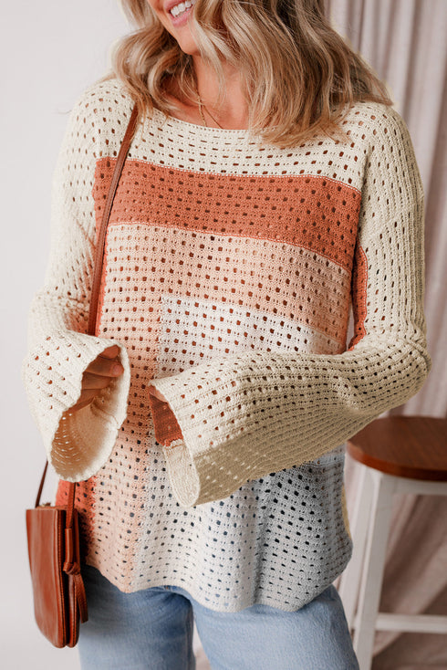 Relaxed Open Knit Geometric Block Pullover Sweater