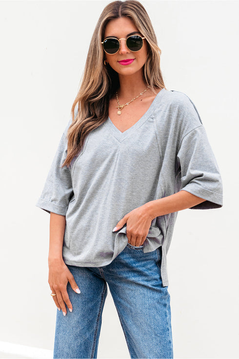 Relaxed Oversized Raglan Half Sleeve V Neck Patchwork Detail Casual Tee