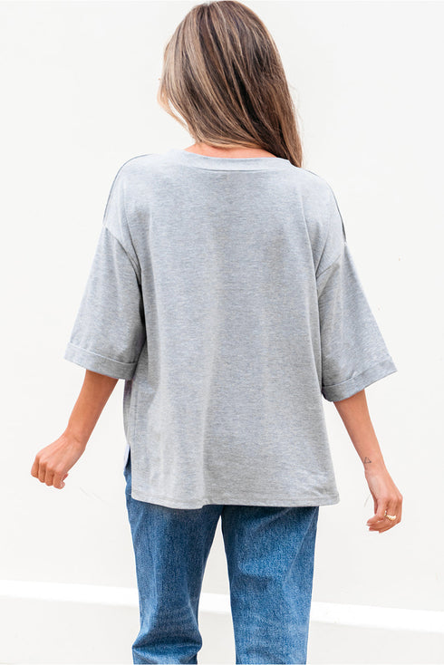 Relaxed Oversized Raglan Half Sleeve V Neck Patchwork Detail Casual Tee