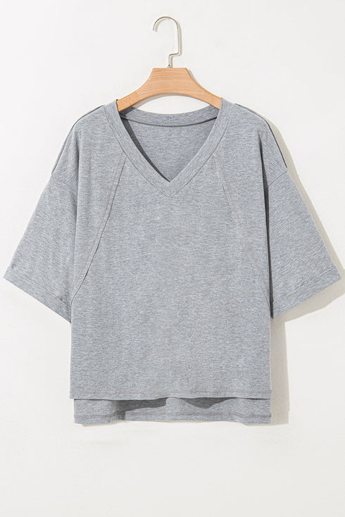 Relaxed Oversized Raglan Half Sleeve V Neck Patchwork Detail Casual Tee
