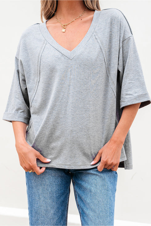 Relaxed Oversized Raglan Half Sleeve V Neck Patchwork Detail Casual Tee
