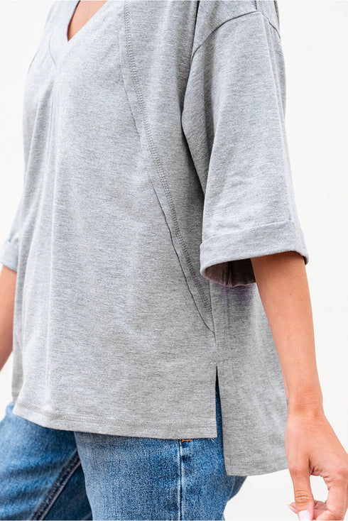 Relaxed Oversized Raglan Half Sleeve V Neck Patchwork Detail Casual Tee