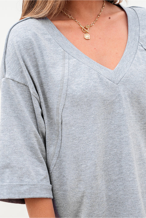 Relaxed Oversized Raglan Half Sleeve V Neck Patchwork Detail Casual Tee