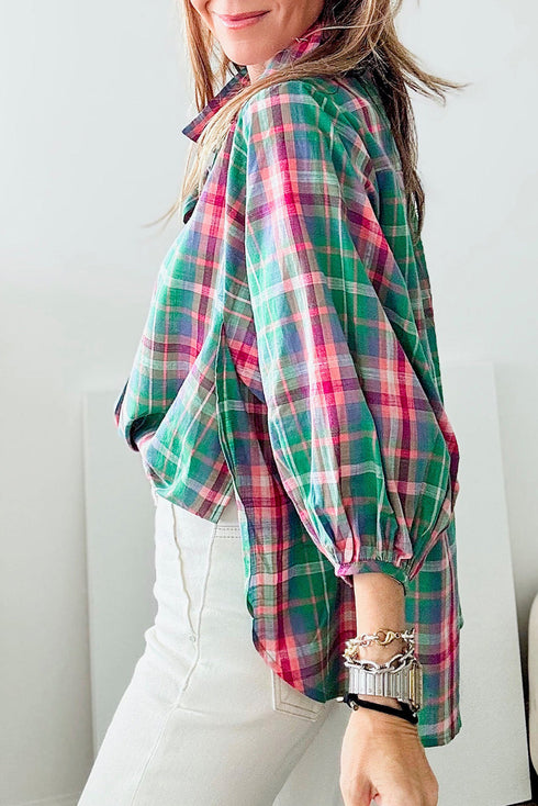 Relaxed Plaid Bishop Sleeve Button Down Shirt