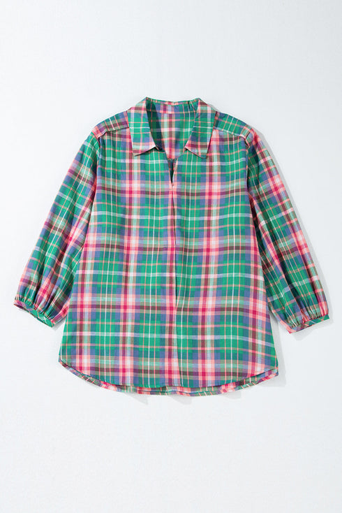 Relaxed Plaid Bishop Sleeve Button Down Shirt