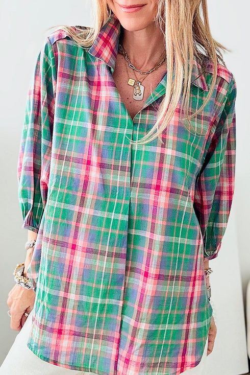 Relaxed Plaid Bishop Sleeve Button Down Shirt