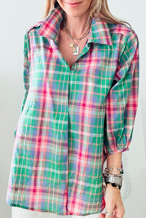 Relaxed Plaid Bishop Sleeve Button Down Shirt