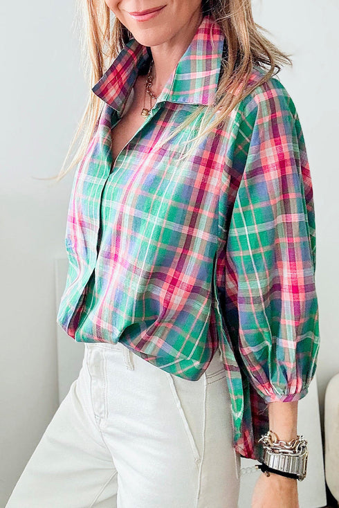 Relaxed Plaid Bishop Sleeve Button Down Shirt
