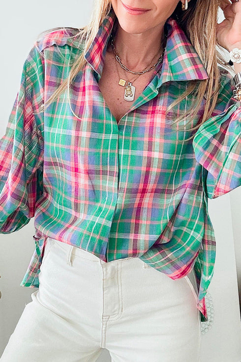 Relaxed Plaid Bishop Sleeve Button Down Shirt