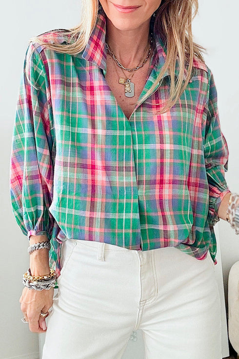 Relaxed Plaid Bishop Sleeve Button Down Shirt