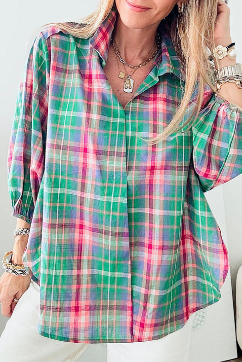 Relaxed Plaid Bishop Sleeve Button Down Shirt
