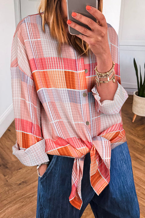 Relaxed Plaid Button Front Tie Hem Shirt