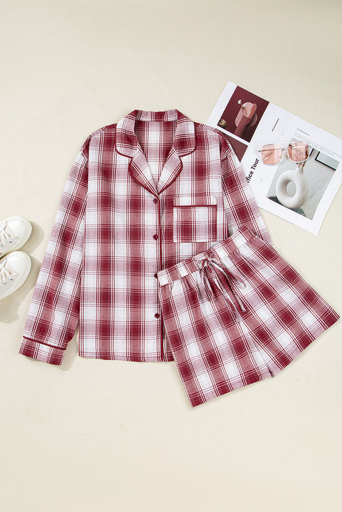 Relaxed Plaid Long Sleeve Cotton Shirt And Short Set