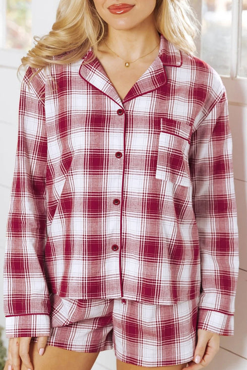 Relaxed Plaid Long Sleeve Cotton Shirt And Short Set