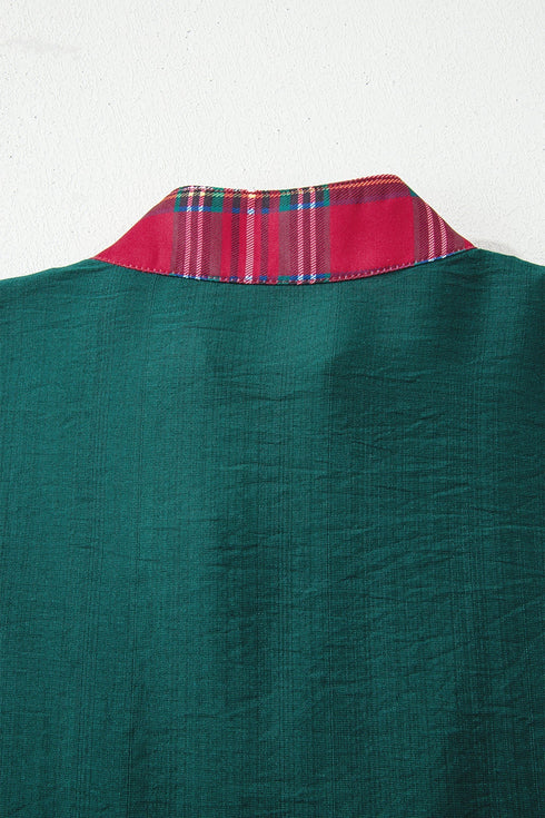 Relaxed Plaid Patchwork V Neck Half Sleeve Blouse