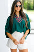 Relaxed Plaid Patchwork V Neck Half Sleeve Blouse
