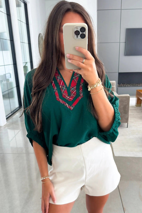 Relaxed Plaid Patchwork V Neck Half Sleeve Blouse