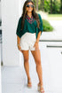 Relaxed Plaid Patchwork V Neck Half Sleeve Blouse