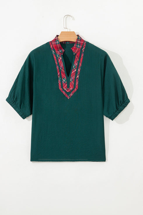Relaxed Plaid Patchwork V Neck Half Sleeve Blouse