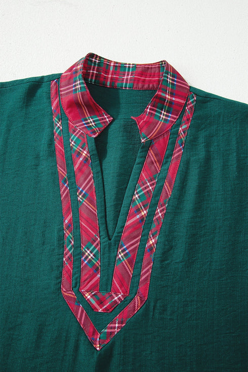 Relaxed Plaid Patchwork V Neck Half Sleeve Blouse
