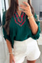 Relaxed Plaid Patchwork V Neck Half Sleeve Blouse