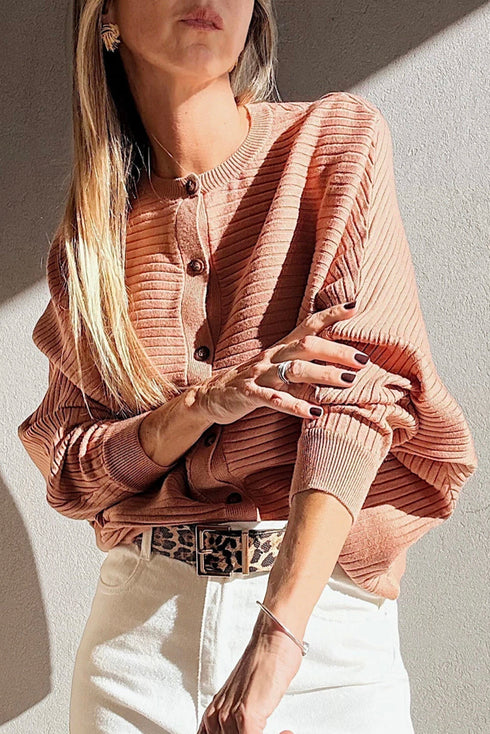 Relaxed Ribbed Knit Button Front Collared Cardigan