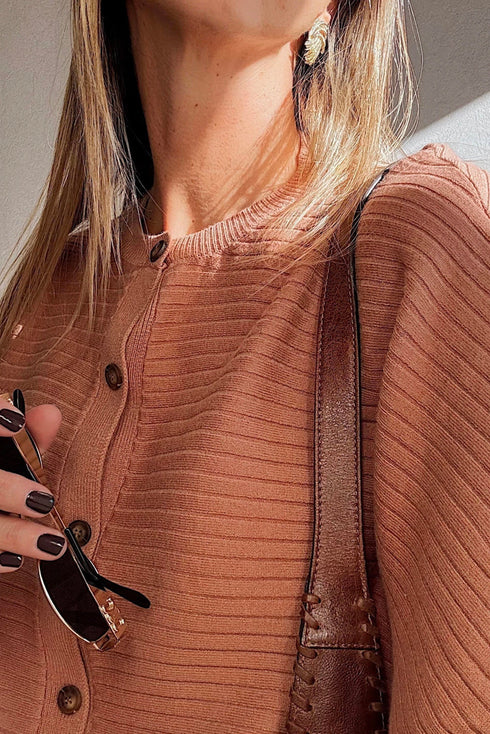 Relaxed Ribbed Knit Button Front Collared Cardigan